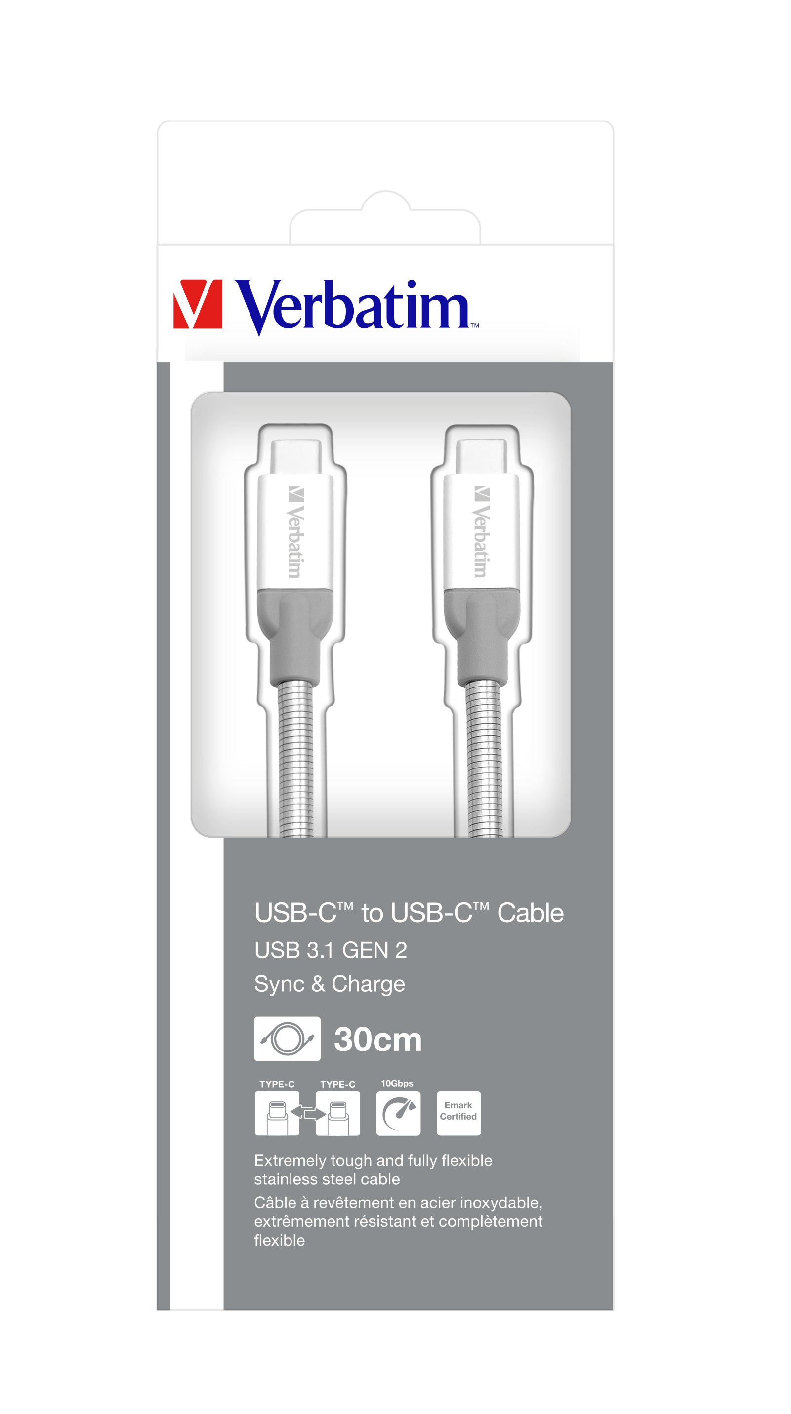 Verbatim USB-C auf USB-C Kabel – USB 3.2 Gen 2 (10 Gbit/s) – 0,3 m – Nylon/PVC – Silber