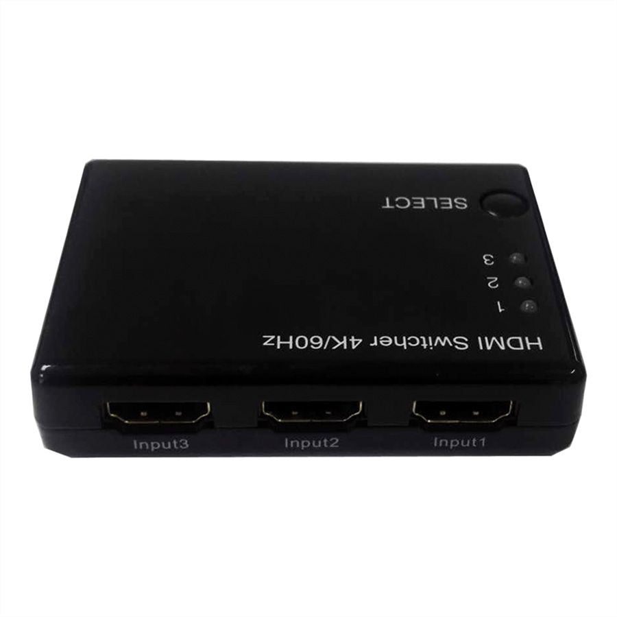 ROLINE HDMI Switch, 3× HDMI In / 1× HDMI Out, 4K@60 Hz, IR, Fernbedienung, Netzteil 5 V/1 A, Schwarz