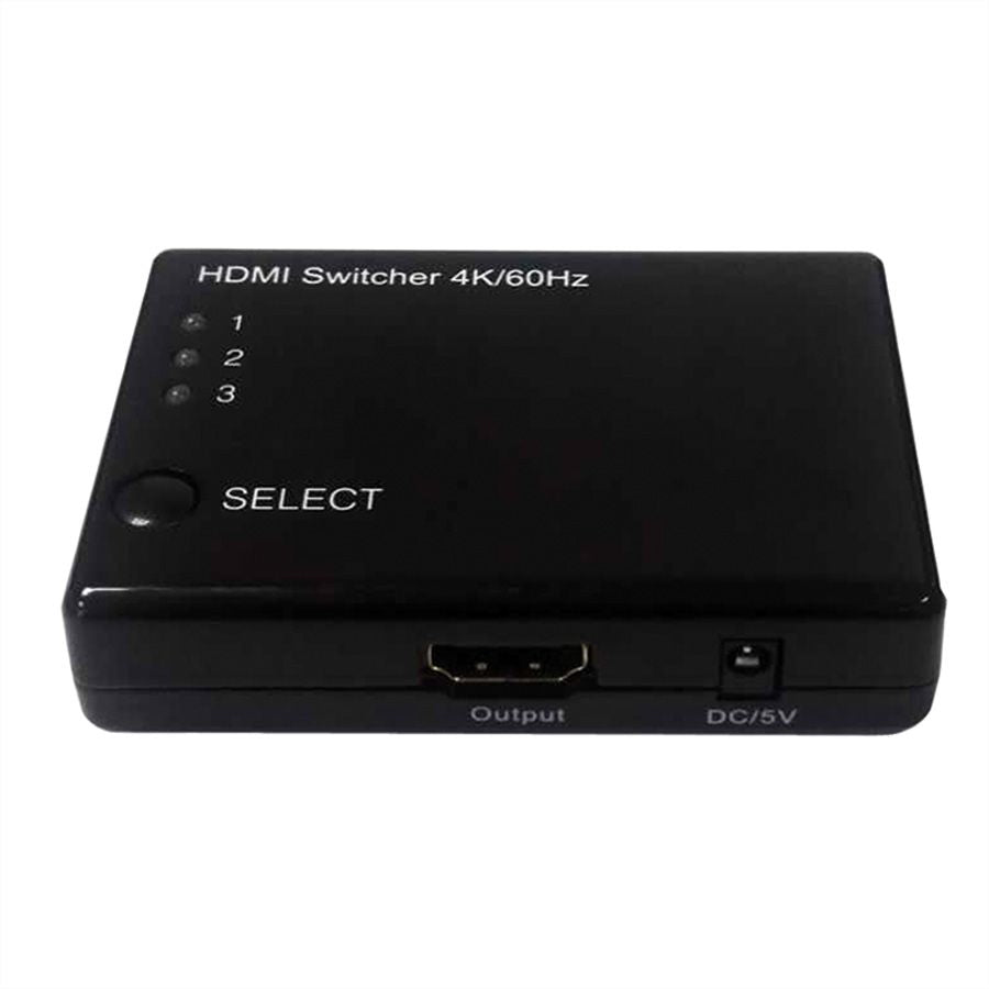 ROLINE HDMI Switch, 3× HDMI In / 1× HDMI Out, 4K@60 Hz, IR, Fernbedienung, Netzteil 5 V/1 A, Schwarz
