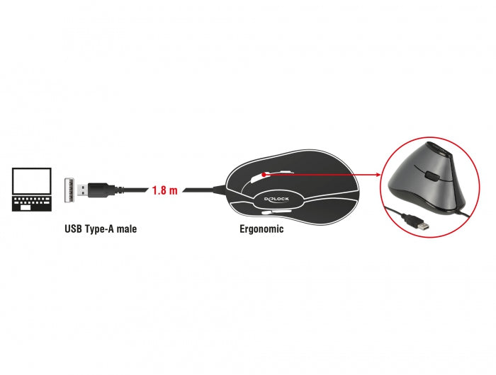 DeLOCK 12527 Ergonomische Maus – kabelgebunden, 800 dpi, 4 Tasten, für Rechtshänder, Daumentaste, schwarz/grau