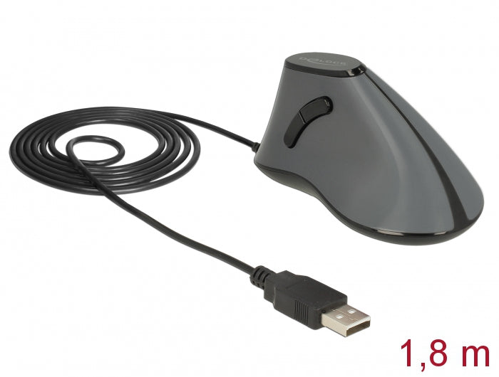 DeLOCK 12527 Ergonomische Maus – kabelgebunden, 800 dpi, 4 Tasten, für Rechtshänder, Daumentaste, schwarz/grau