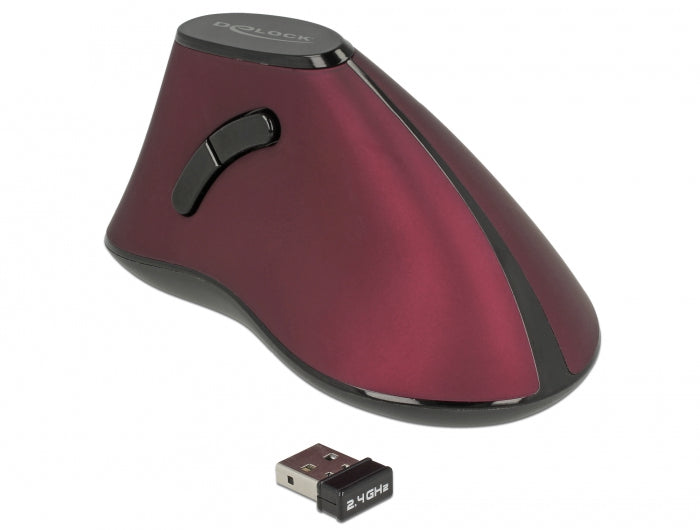 DeLOCK 12528 Ergonomische Maus – kabellos, 2,4 GHz (USB-A), 5 Tasten, für Rechtshänder, Daumentaste, weinrot