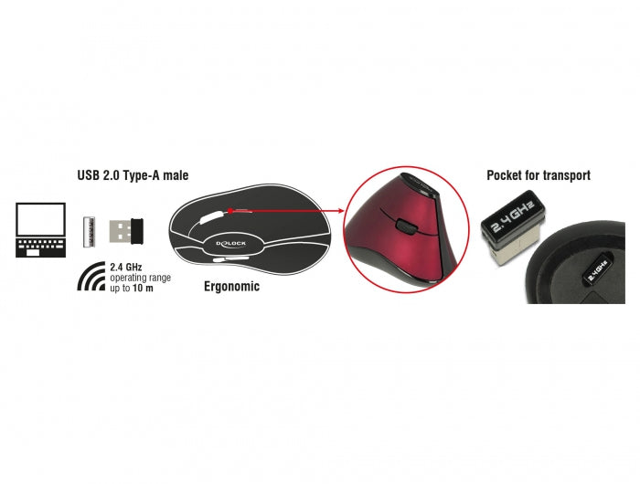 DeLOCK 12528 Ergonomische Maus – kabellos, 2,4 GHz (USB-A), 5 Tasten, für Rechtshänder, Daumentaste, weinrot