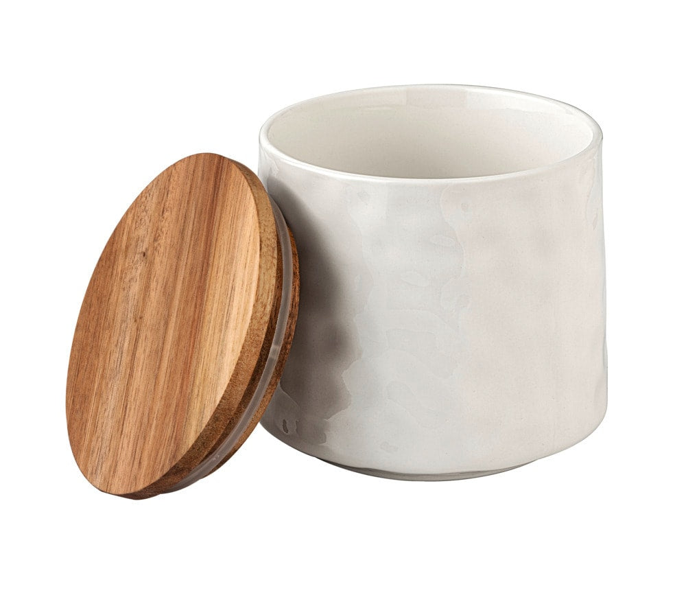 WENKO Vorratsdose 550 ml, Ø 11 × 10 cm, Keramik/Holz, Weiss/Braun