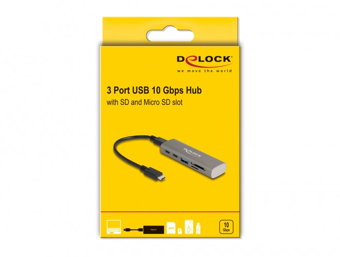 DeLOCK USB-Hub – USB-C, 1× USB-A, 3× USB-C, 10 Gbit/s, SD/microSD, für Windows/Mac/Linux