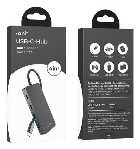 ONIT F01259 USB-Hub – USB-C, 2× USB-A, 2× USB-C, 15 W PD, für Windows/Mac/ChromeOS
