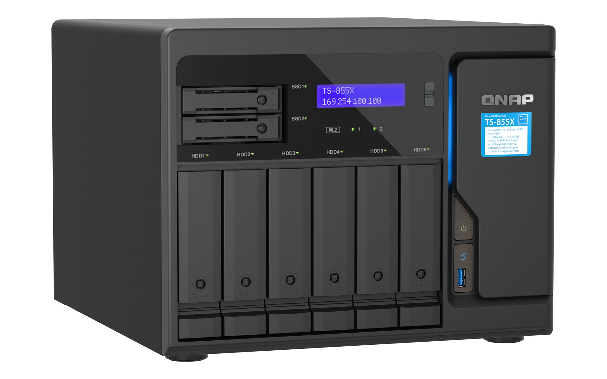 QNAP TS-855X-8G Allgemeines Speichergerät – SATA 6 Gbit/s, 6×3,5"/2,5" + 2×2,5" Einschübe