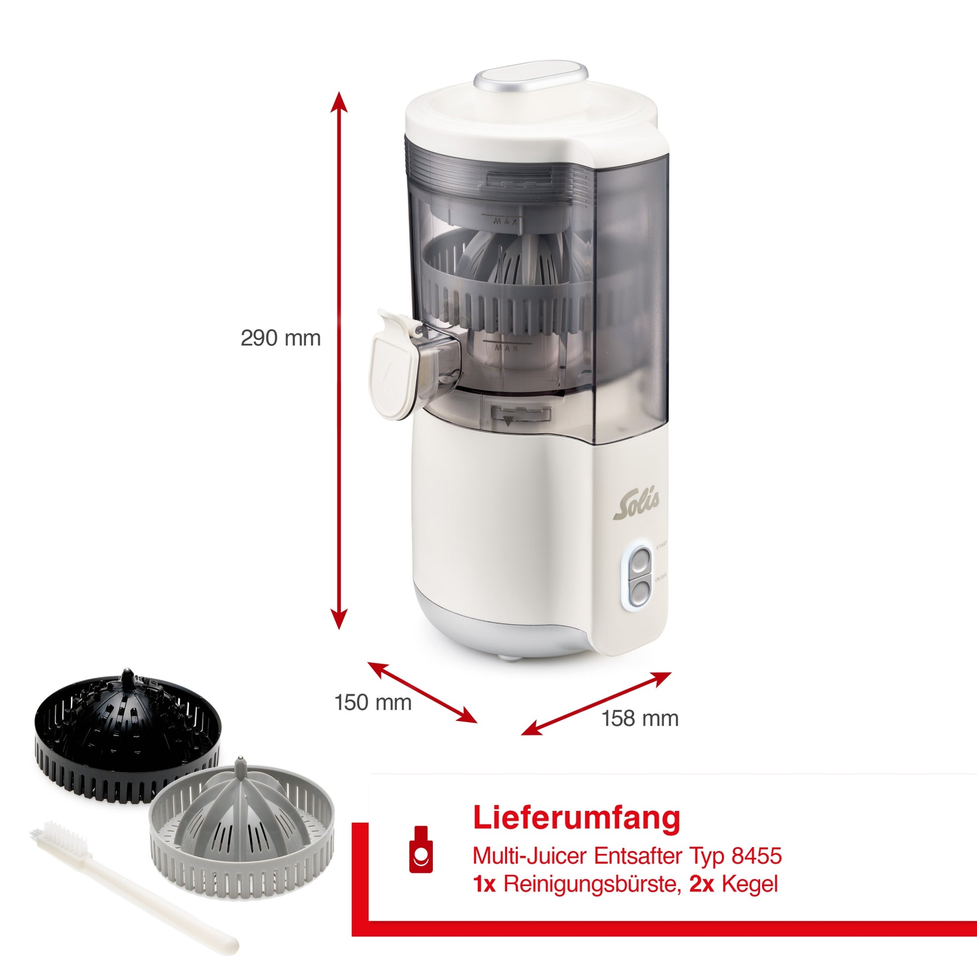 Solis Entsafter Multi JuicerMatic Typ 8455 – 0,3 l Saftbehälter, 100 W, spülmaschinenfest – weiss