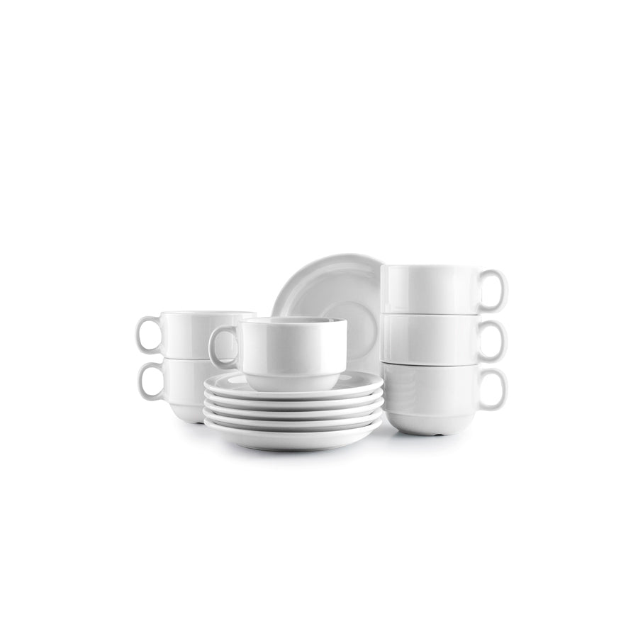 Ibili Kaffeetassen mit Unterteller – 12-teiliges Set, 230 ml, Glas, Weiss, spülmaschinenfest, mikrowellengeeignet