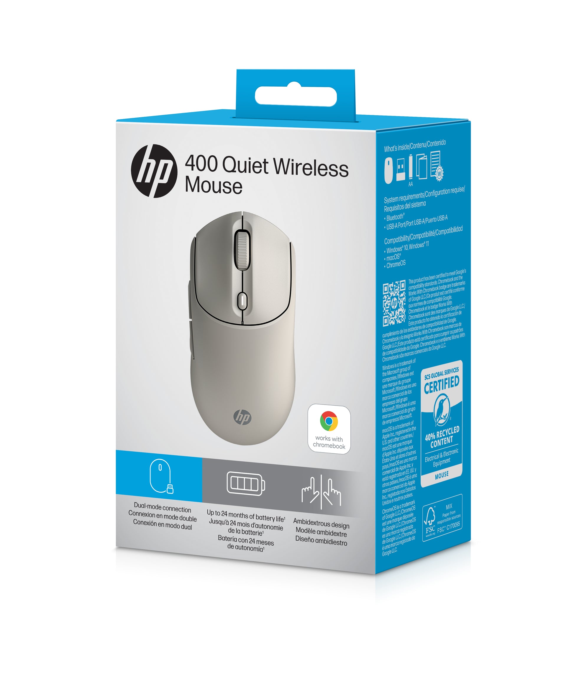 HP 400 Quiet – Maus – Kabellos (Bluetooth/2,4 GHz), beidhändig, Beige