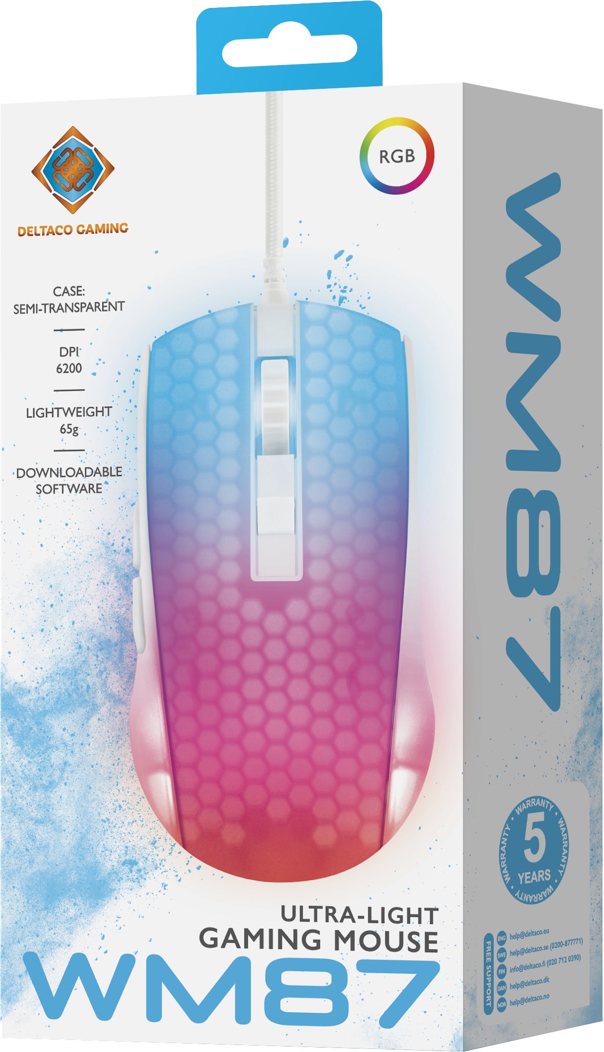Deltaco Gaming DM310 – Gaming-Maus – Kabelgebunden (USB‑A), 6200 DPI, RGB-Beleuchtung, rechts, Weiss