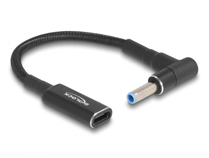 DeLOCK Adapterkabel USB-C zu HP 4,5 × 3,0 mm – 19,5 V, 3 A, 0,15 m, 90° gewinkelt, Schwarz