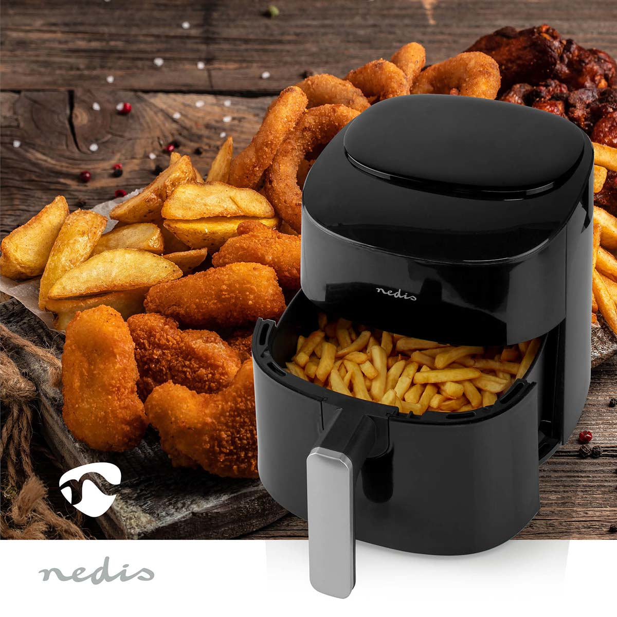 Nedis Heissluftfritteuse XL – 4,2 l, 1300 W, 8 Programme – schwarz