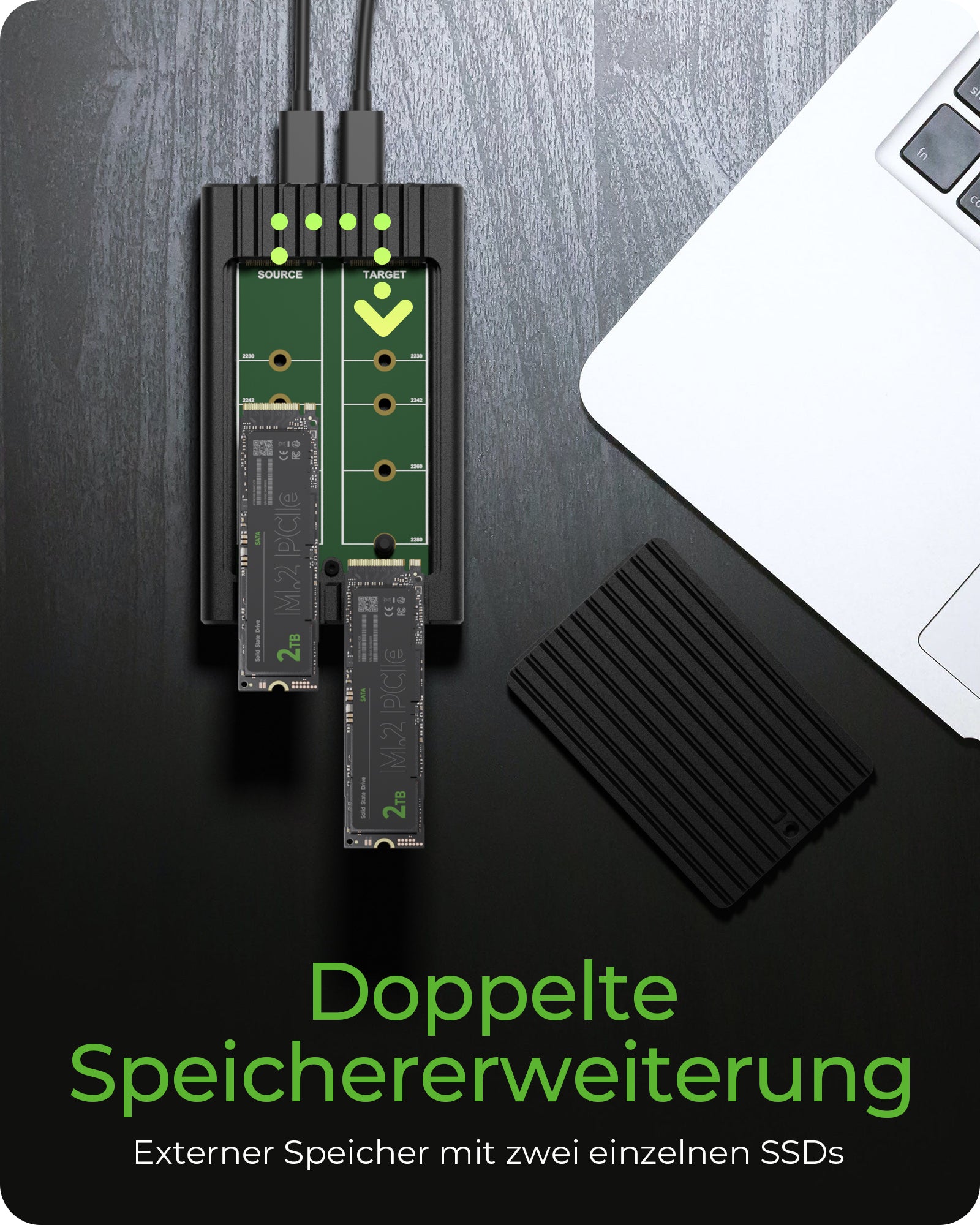 ICY BOX IB-2817MCL-C31 – 2-Bay SSD-Gehäuse – M.2 NVMe (30/42/60/80 mm), USB-C 3.2 Gen 2 (10 Gbit/s)