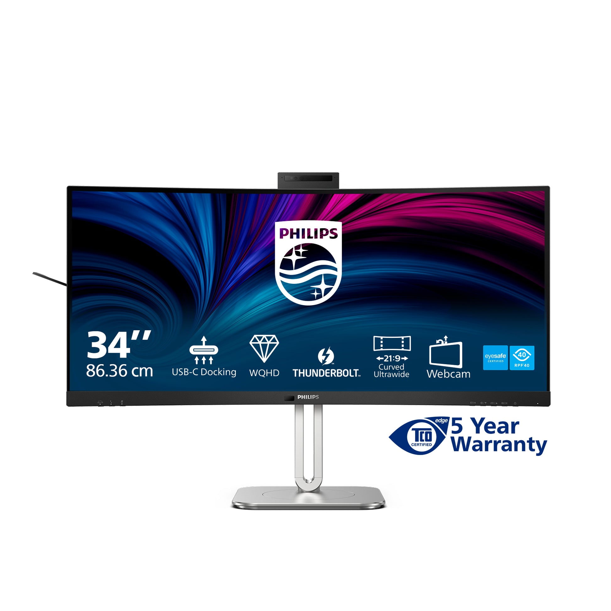 Philips 34B2U6603CH/00 – Monitor, 34", VA, 120 Hz, 300 cd/m², Webcam, 3× USB-C, KVM, VESA 100 × 100, Schwarz