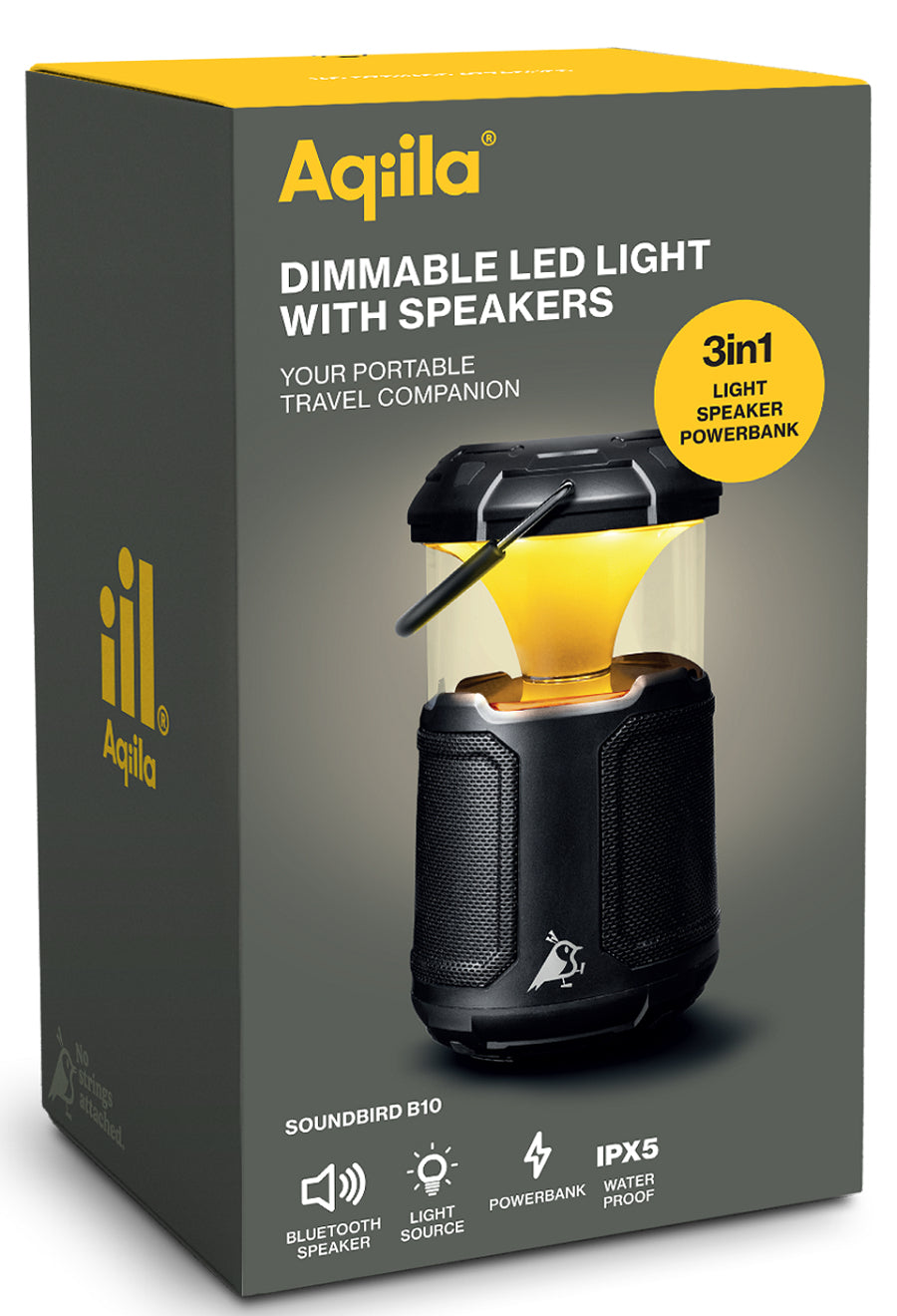 Aqiila Soundbird B10 – Bluetooth-Lautsprecher – mit Lampe & Powerbank, 20 W, 12 h, Schwarz