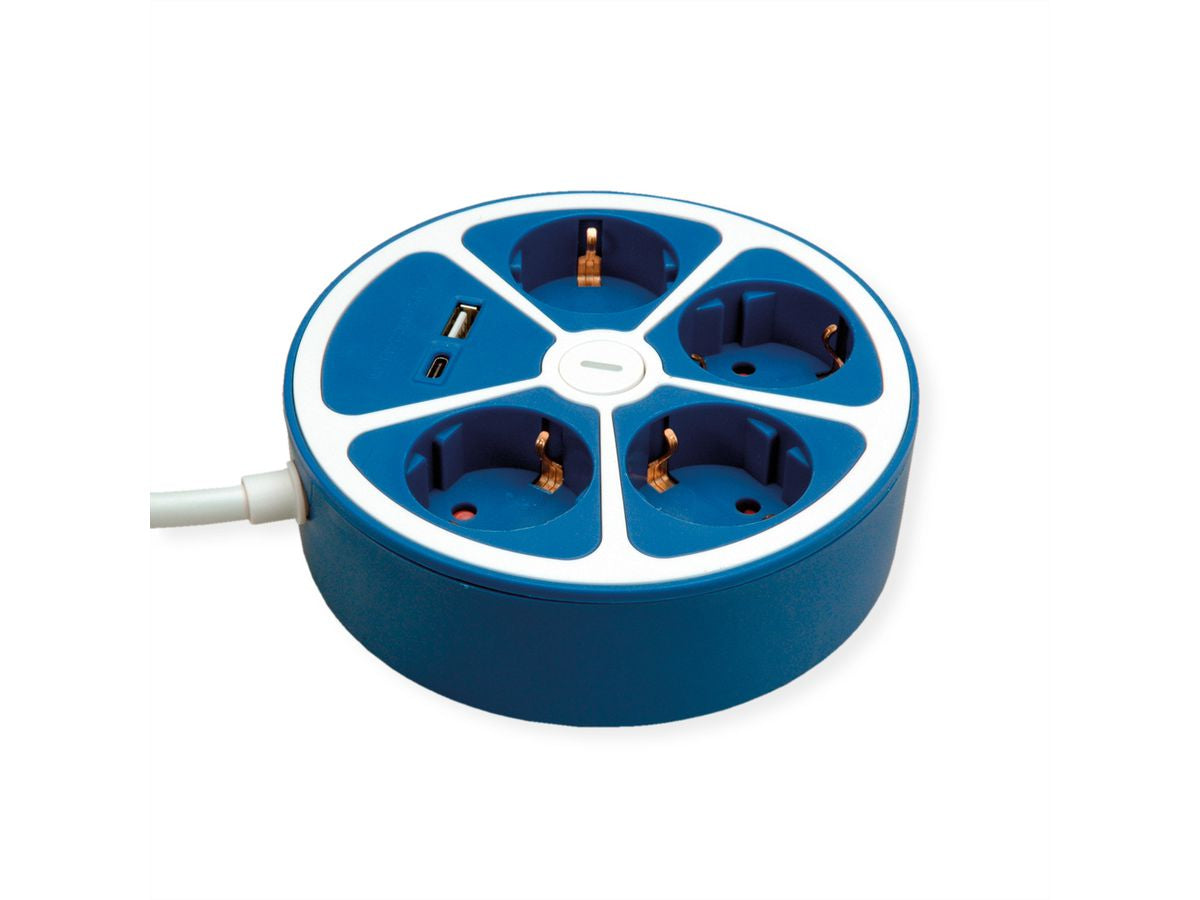 ROLINE Steckdosenleiste – 4× Schuko (Typ E/F), USB‑A/C, 3 m, mit Schalter, Blau/Weiss
