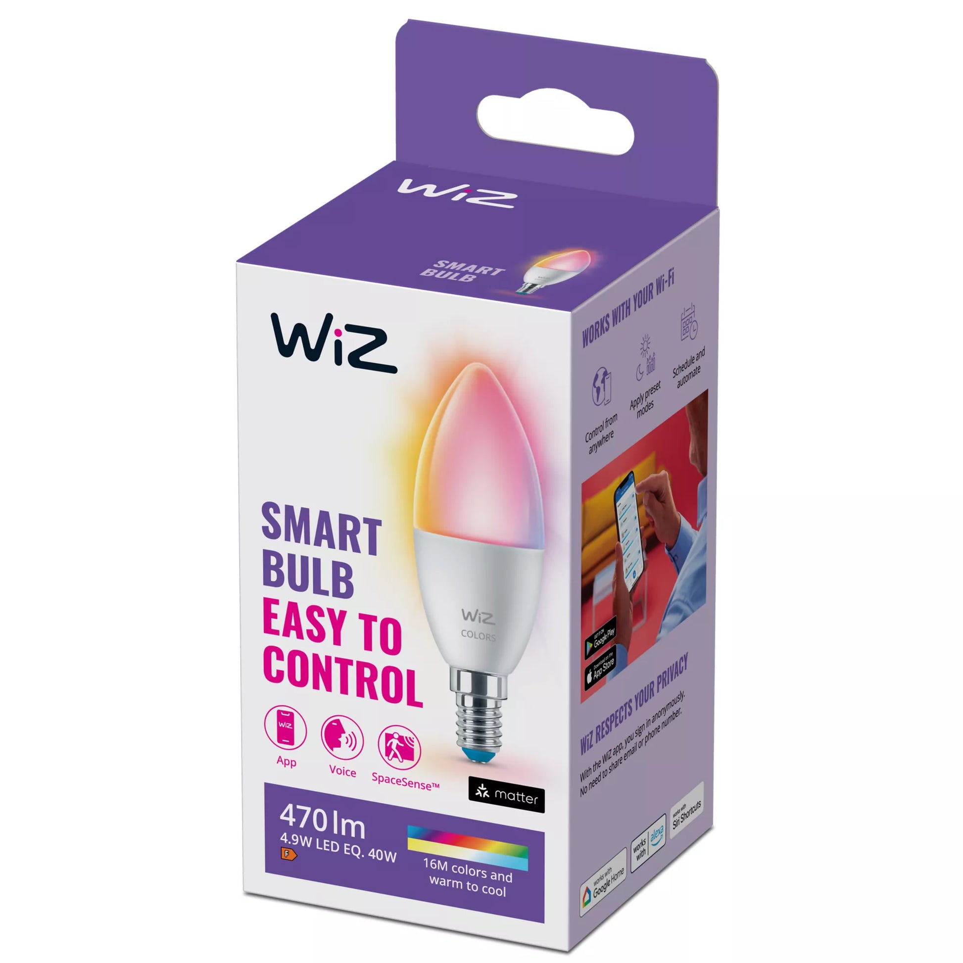 WiZ Smart-Leuchtmittel B35 – E14 C37, 470 lm, 4,9 W, 2200–6500 K, dimmbar, WiFi, für WiZ, weiss