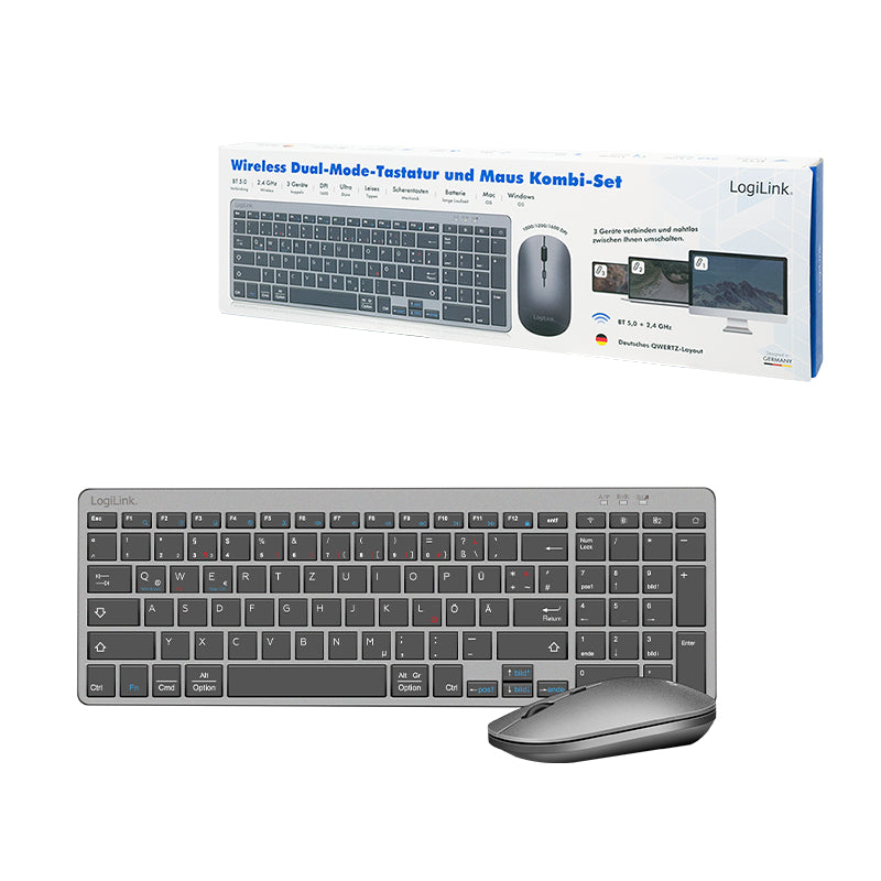 LogiLink Tastatur-Maus-Set – Bluetooth & 2,4 GHz – QWERTZ (DE) – Grau/Anthrazit