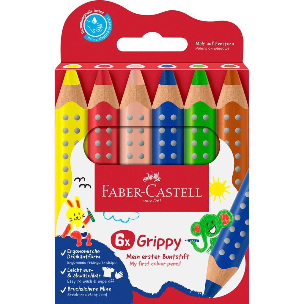 Faber-Castell 3-in-1 Farbstifte Grippy – 6 Farben, im Kartonetui, Ø 3 mm, dreikantig