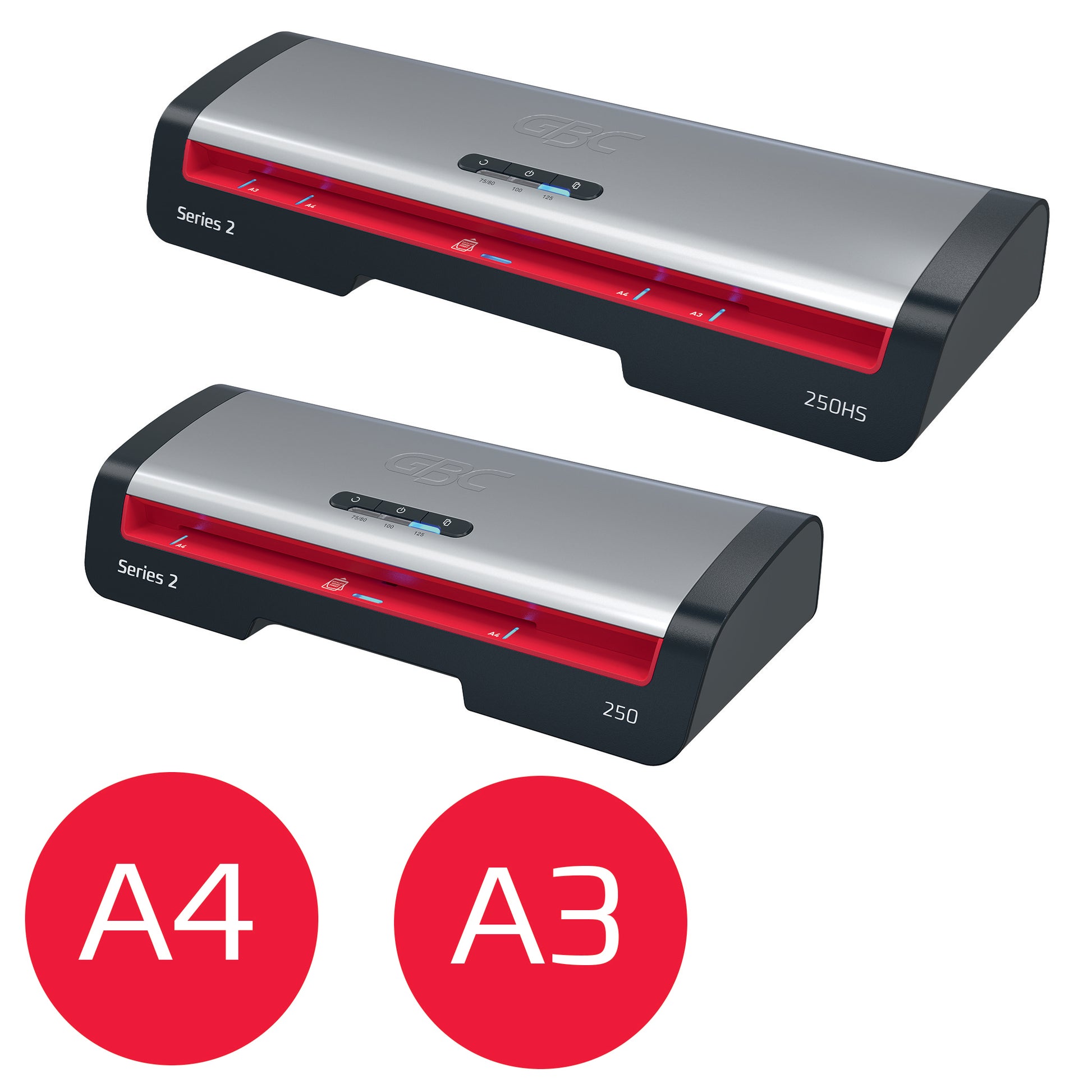 GBC 250HS Laminiergerät A3 – 2-Rollen, 250 µm, Aufheizzeit 1 Min., 500 mm/min, Schwarz/Silber/Rot