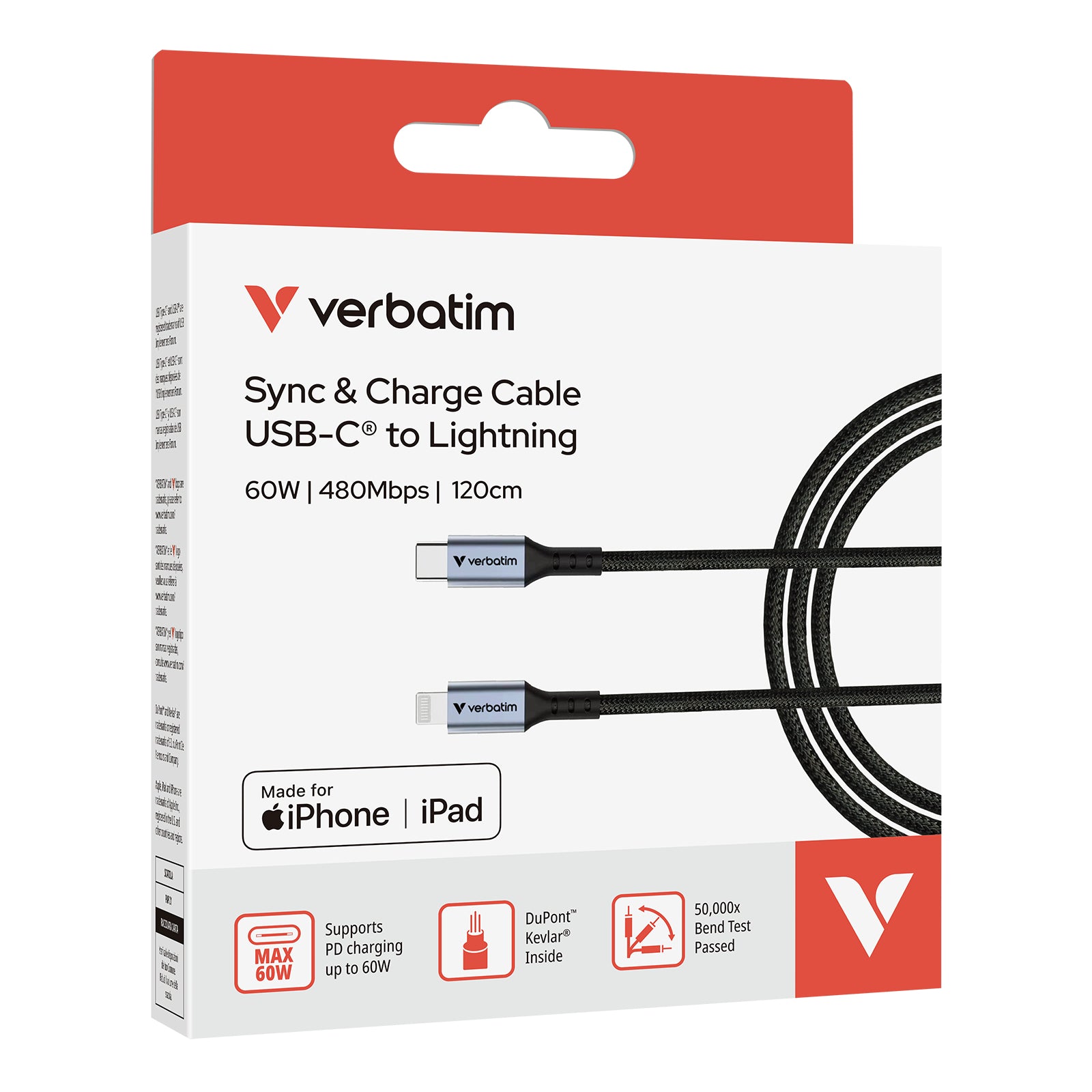 Verbatim Lightning-auf-USB-C-Kabel – USB 2.0 (480 Mbit/s) – 1,2 m – PD 60 W – Nylonmantel – Schwarz