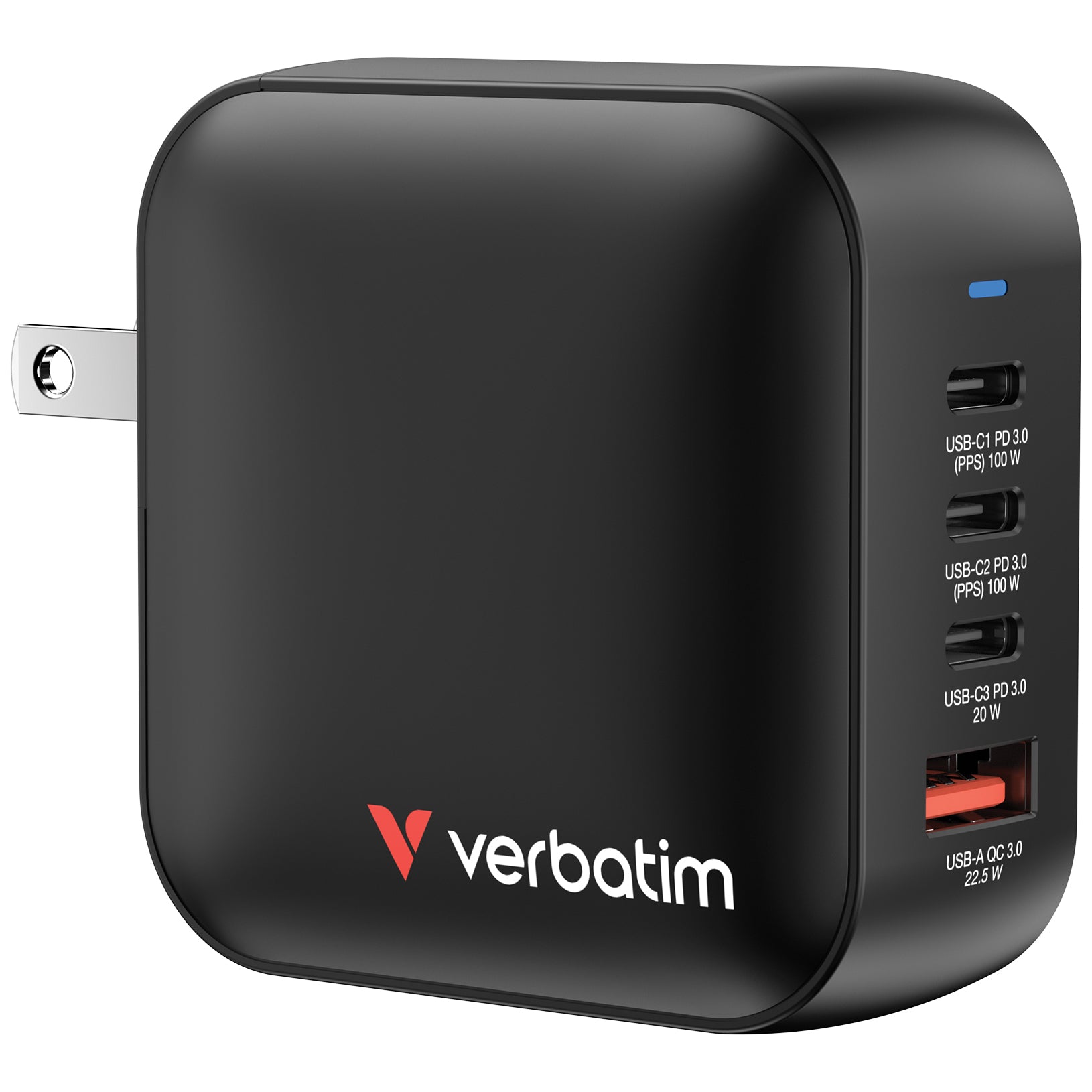 Verbatim Mini GaN Ladegerät (EU, UK, US) – 100 W, 3× USB-C + 1× USB-A, PD, QC, PPS