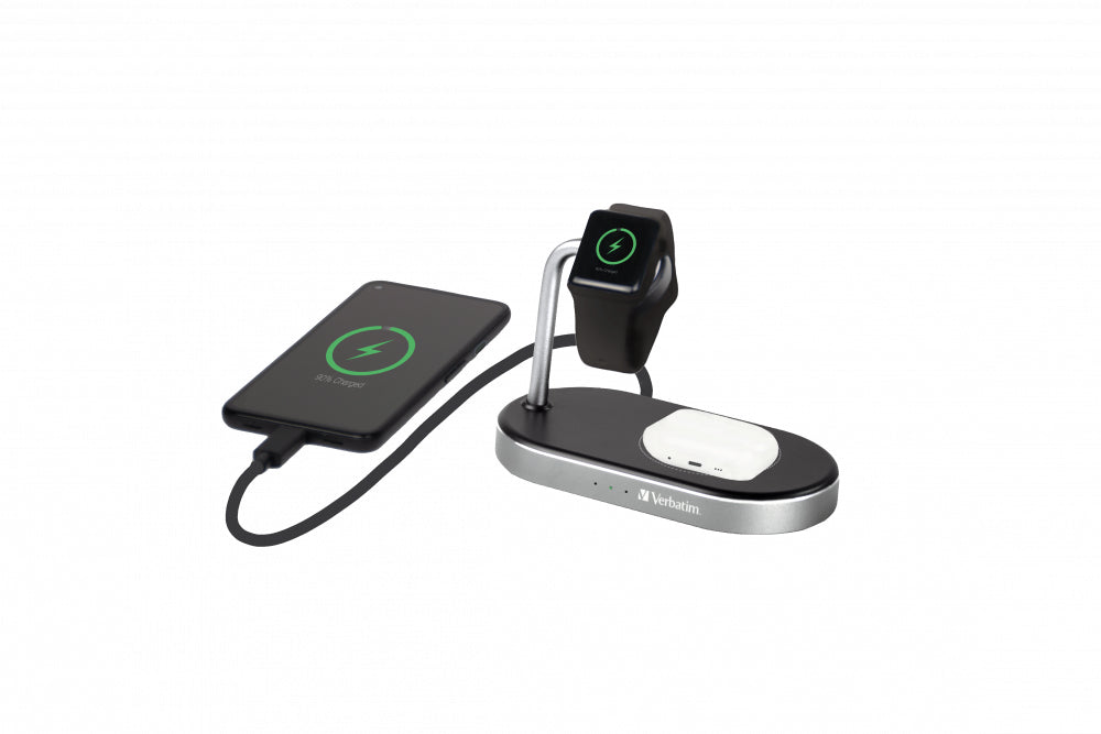 Verbatim WCS-02 Ladestation – Qi, QC 3.0, Aluminium, 3-in-1 – für AirPods, Apple Watch, iPhone