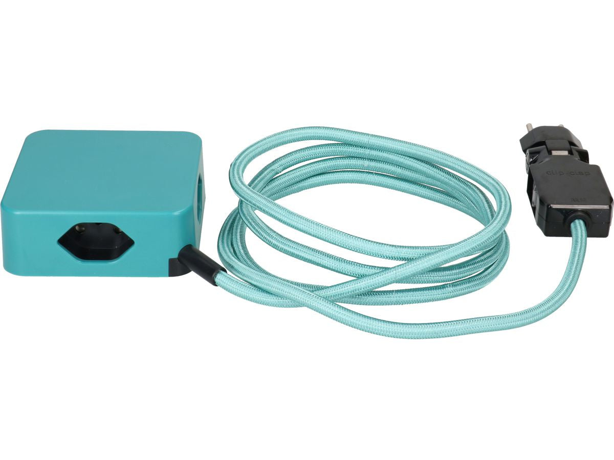 maxTEX Cube Steckdosenleiste – 3× T13, USB‑A/C, 2 m, ohne Schalter, IP20, schwarz/türkis