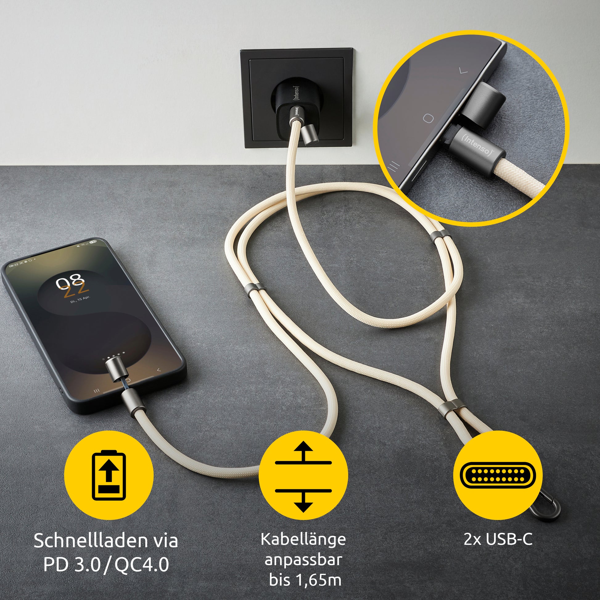 Intenso Daten- & Ladekabel – USB-C auf USB-C 1,65 m, PD 60 W, geflochten, Beige – für USB-C Geräte