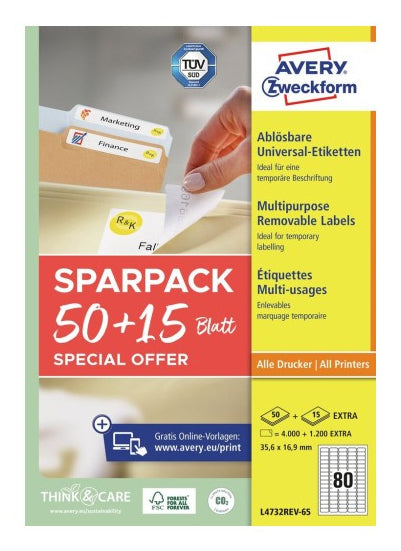 Avery L4732REV-65 – Etiketten A4 36 × 17 mm – Papier, weiss – wiederablösbar – Laser/Inkjet – 65 Blätter