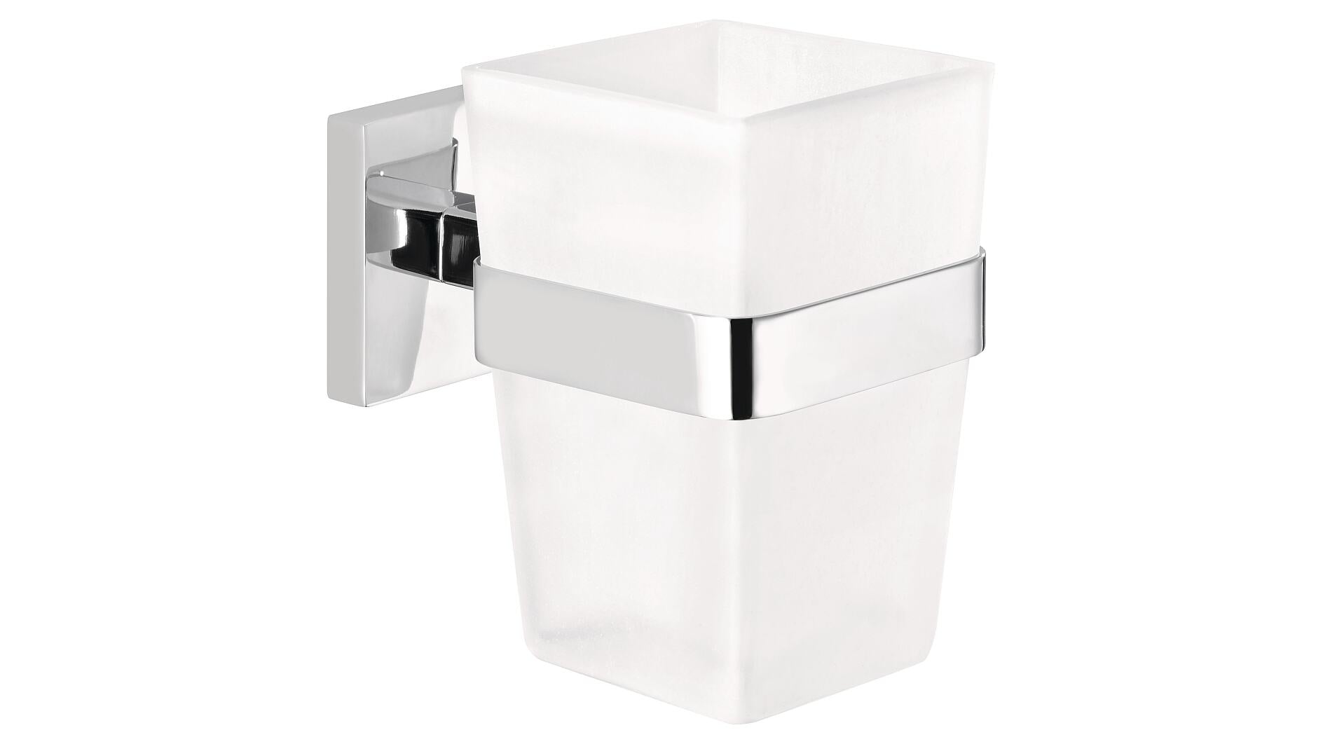 TESA DELUXXE Zahnputzbecher – Wandmontage – 7 cm Breite – Chrom/Weiss – Glas/Metall