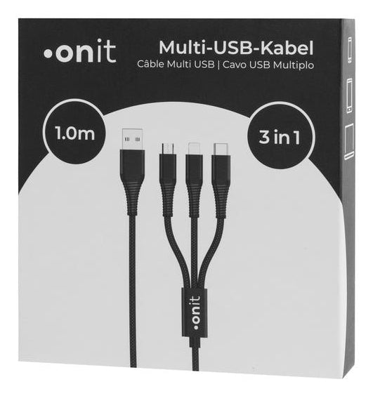 ONIT Multi-Kabel – 3-in-1 USB-A auf USB-C/Micro-USB/Lightning 1 m, geflochten, schwarz – für iPhone/Android