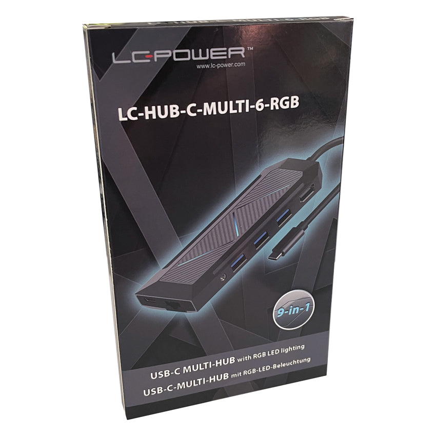 LC-Power MULTI-6-RGB Multiport-Adapter – USB-C, 1× HDMI, 3× USB-A, 1× USB-C, 100 W PD, GbE, SD/microSD