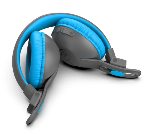 JLab JBuddies Studio 2 Kinderkopfhörer – On-Ear, Kabel + BT (USB-C), 85 dB Lautstärke-Limit, Blau/Grau