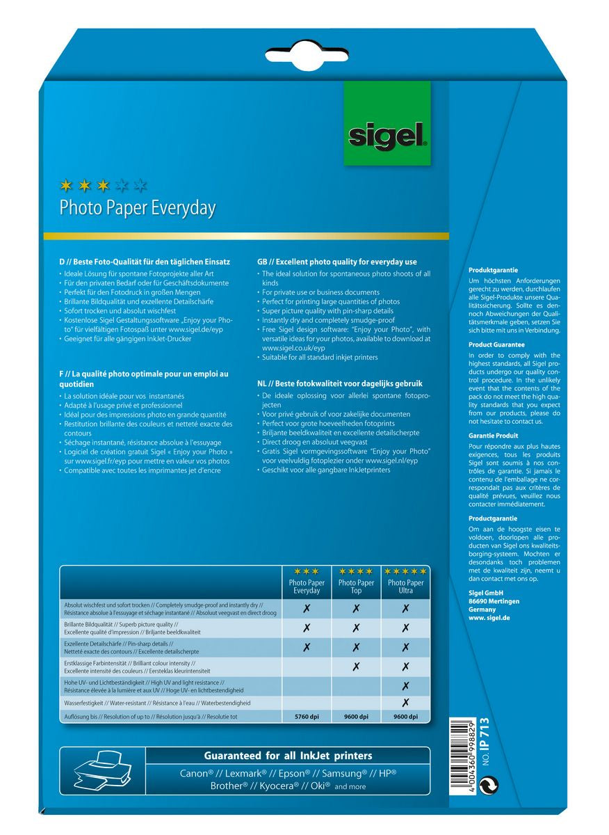 Sigel Everyday Fotopapier – hochglänzend, A4, 170 g/m², 20 Blatt – für Tintenstrahldrucker