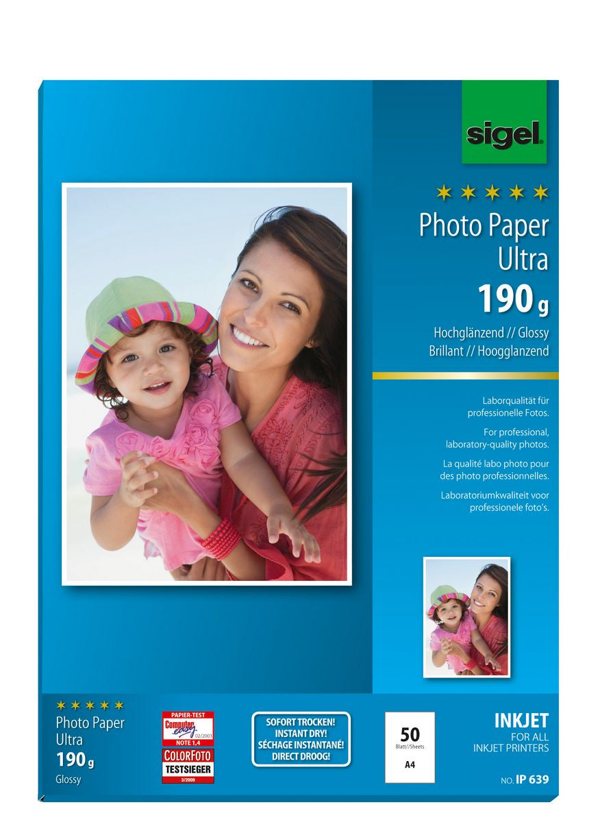 Sigel IP639 Fotopapier – hochglänzend, A4, 190 g/m², 50 Blatt – für Inkjet-Drucker