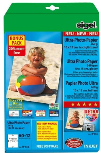 Sigel Fotopapier – Hochglänzend, 100 × 150 mm, 260 g/m², 72 Blätter, Recyclingfähig – für Inkjet-Drucker