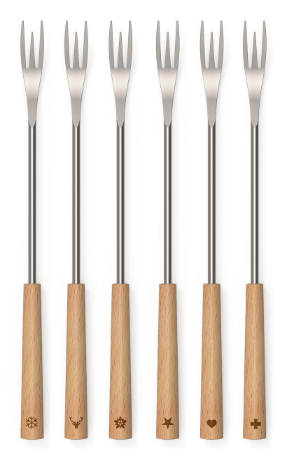 Kisag 25002-00 Fonduegabeln – 6er-Set, 26,5 cm, Edelstahl, Holzgriff, Braun, für Käsefondue