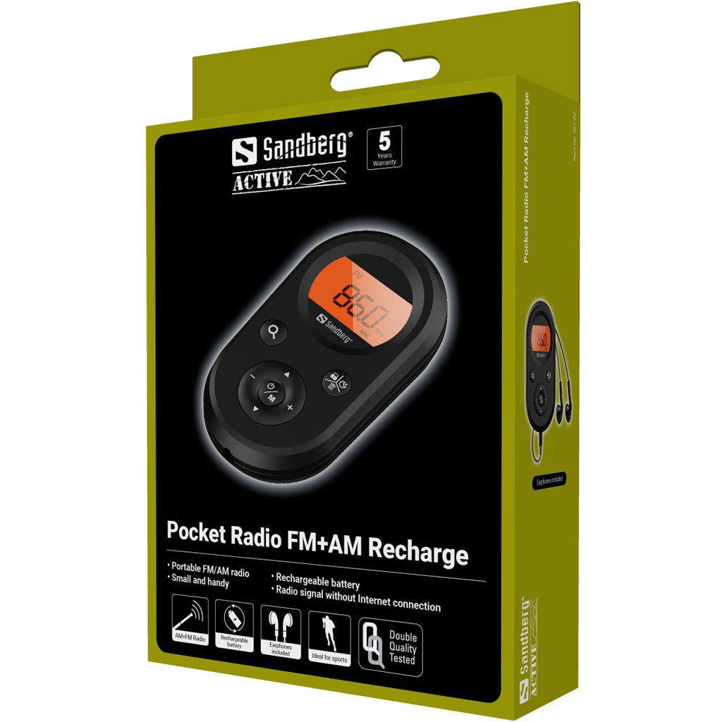Sandberg Pocket Radio 421-02 – Tragbares Radio, AM/FM, 3,5 mm Kopfhöreranschluss, 500 mAh Akku – Schwarz