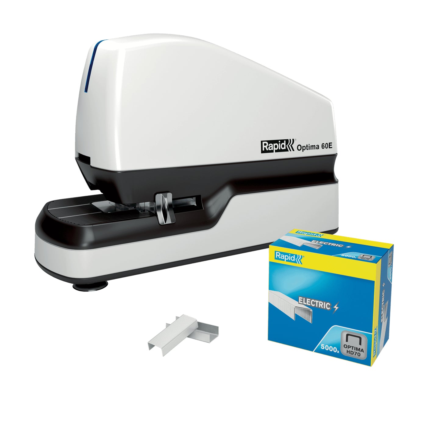 Rapid Optima 60E – Elektrischer Hefter, LED-Klammeranzeige, Einlegetiefe 5-30 mm, Weiss