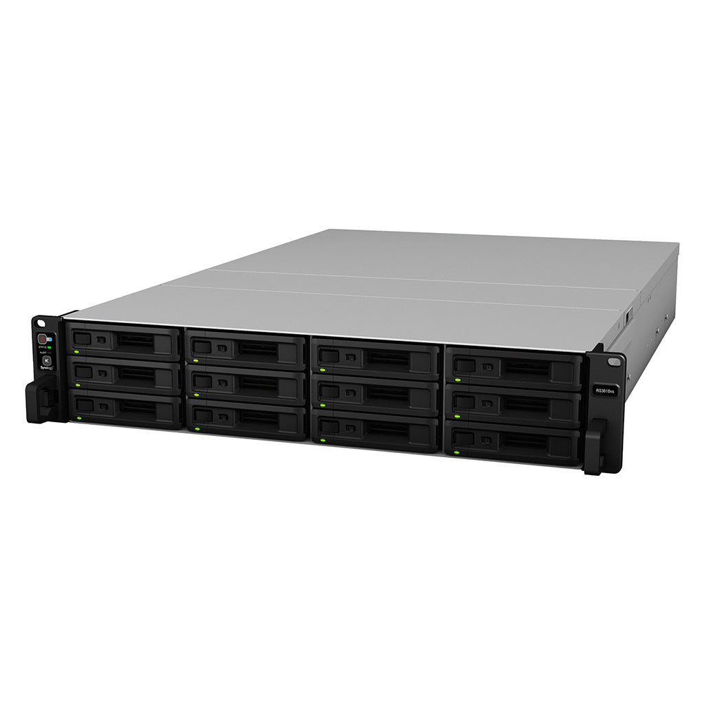 Synology RS3618xs – 12-Bay Rack 2U NAS – Intel Xeon D-1521, 8 GB RAM, 1GbE, DSM, für 2,5"/3,5" HDD/SSD, SATA