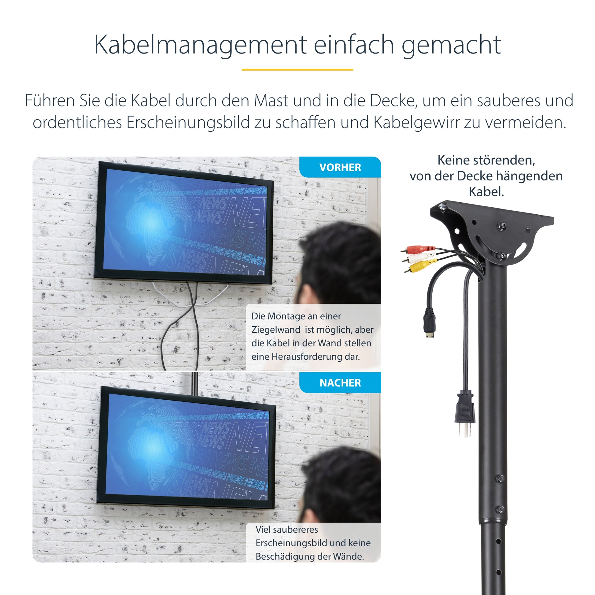 StarTech.com Deckenhalterung – 32–75" – VESA 200×200–600×400 – bis 50 kg, Teleskopmast – Schwarz