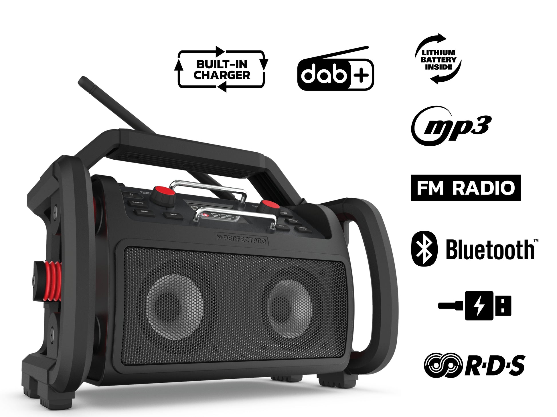 Perfectpro Rockpro – Baustellenradio – DAB+, UKW, Bluetooth, IP65, Akkubetrieb – Schwarz, Rot