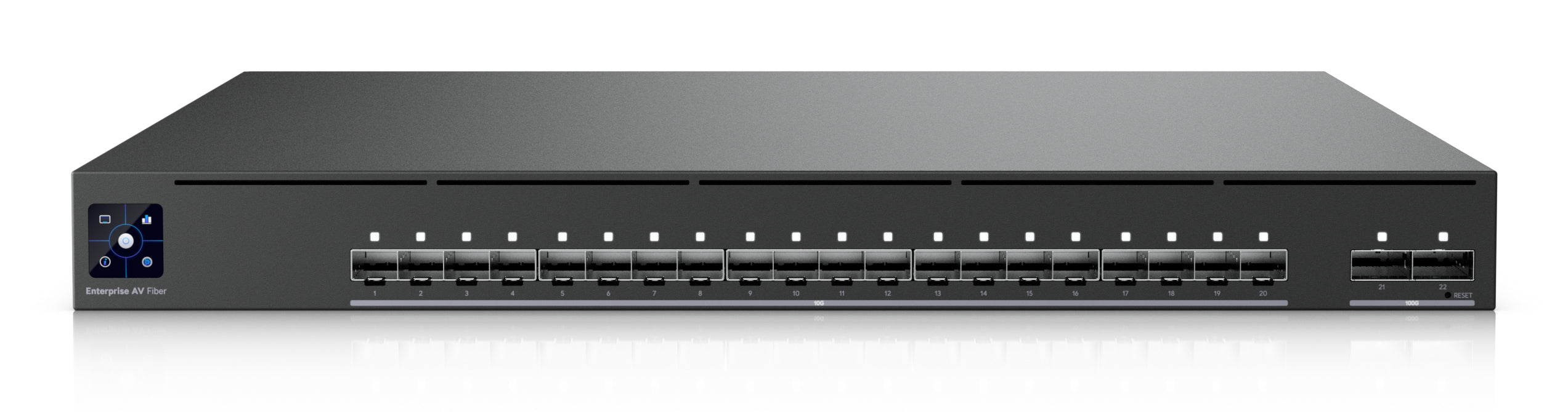 Ubiquiti Managed AV Switch, SDVoE/SMPTE ST 2110/AES67, 20× SFP+, 2× QSFP28, 800 Gbit/s, PTP, Schwarz