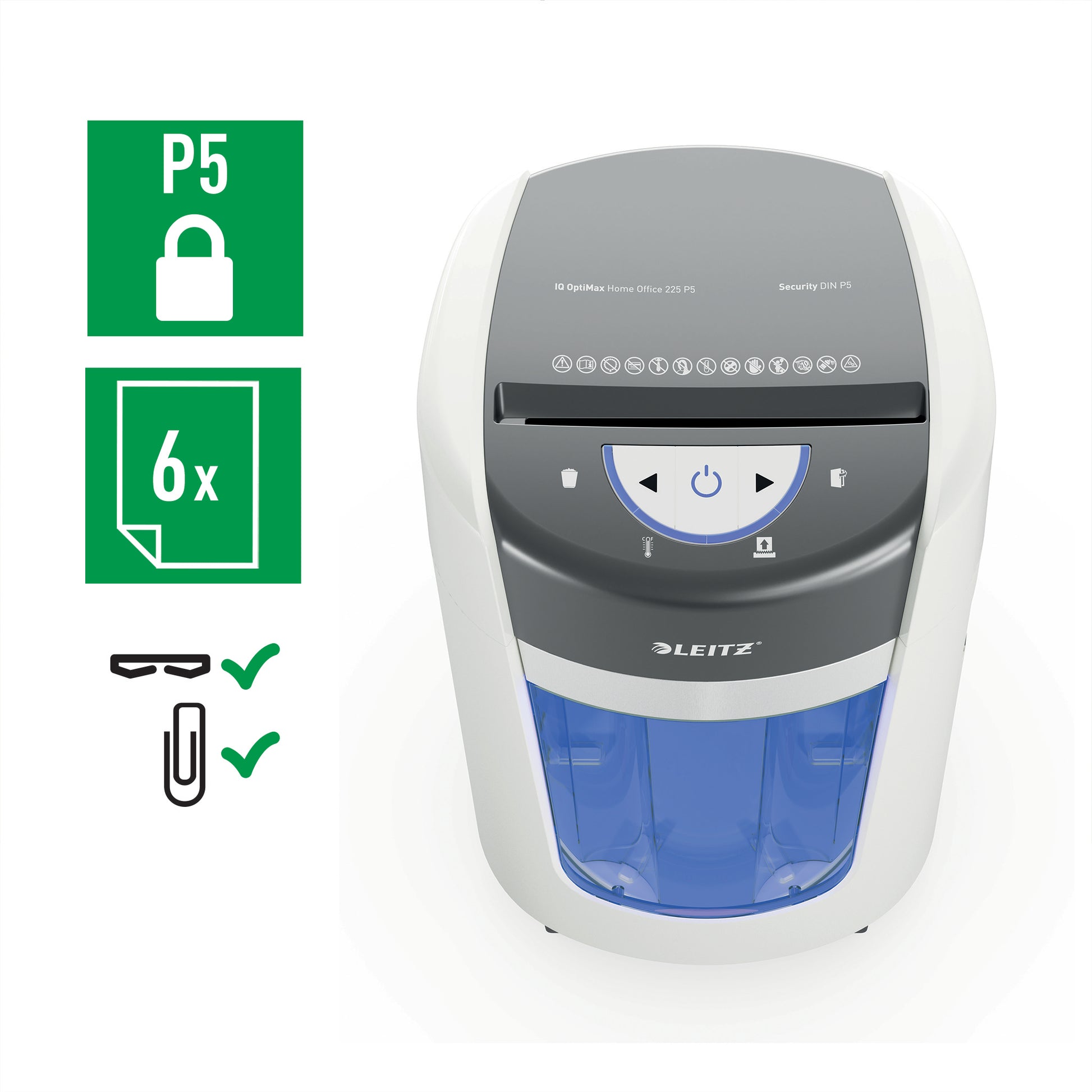 Leitz IQ OptiMax 225 – Aktenvernichter, DIN P-5, Partikelschnitt 2 × 15 mm, 6 Blatt, 15 l