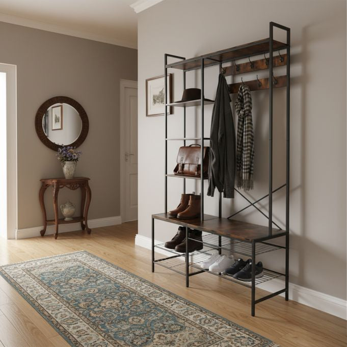 Relaxdays Garderobenständer – Stahl/MDF, Schwarz/Dunkelbraun, 120 × 40 × 190 cm