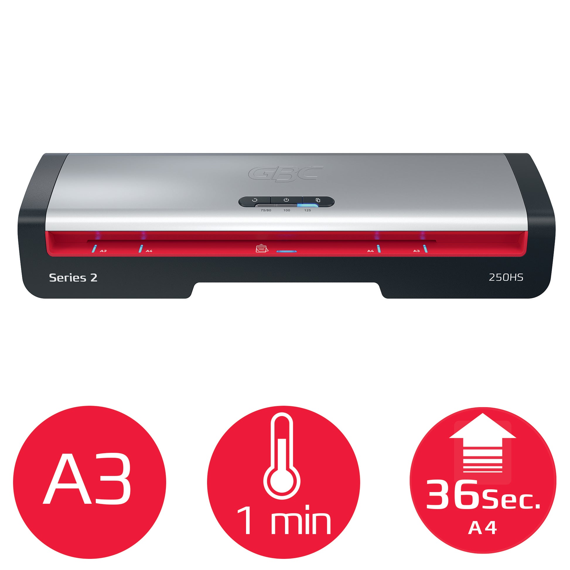 GBC 250HS Laminiergerät A3 – 2-Rollen, 250 µm, Aufheizzeit 1 Min., 500 mm/min, Schwarz/Silber/Rot