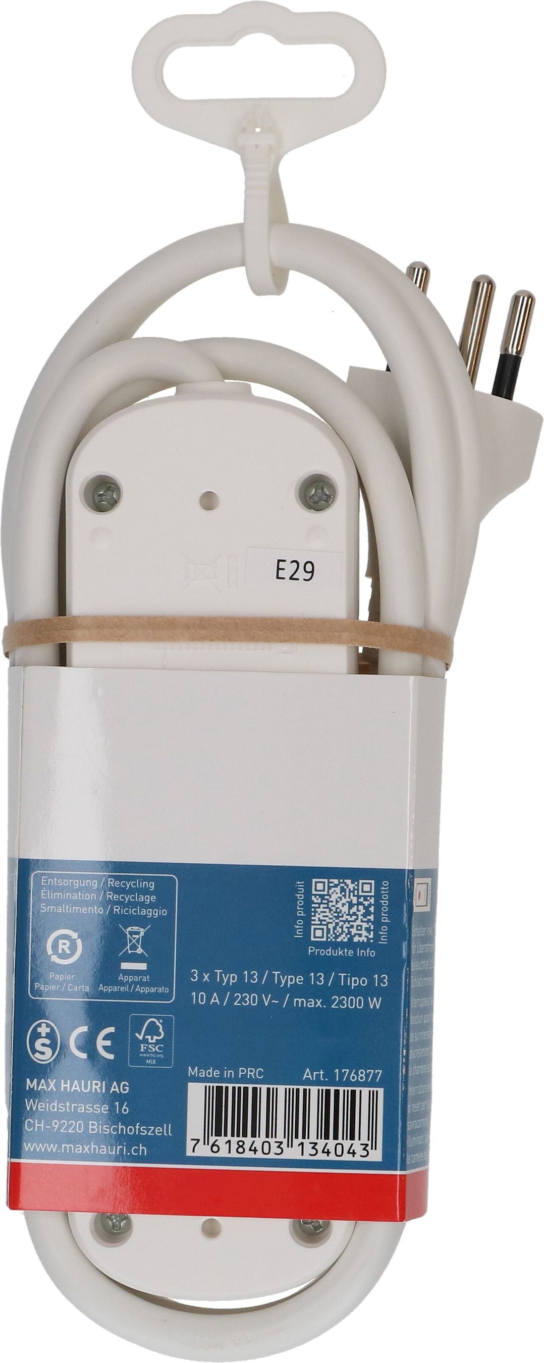 Max Hauri AG Max Hauri Basic Line Steckdosenleiste, 3×T13, mit Schalter, 1,5 m, Eingang T12, IP20 – weiss