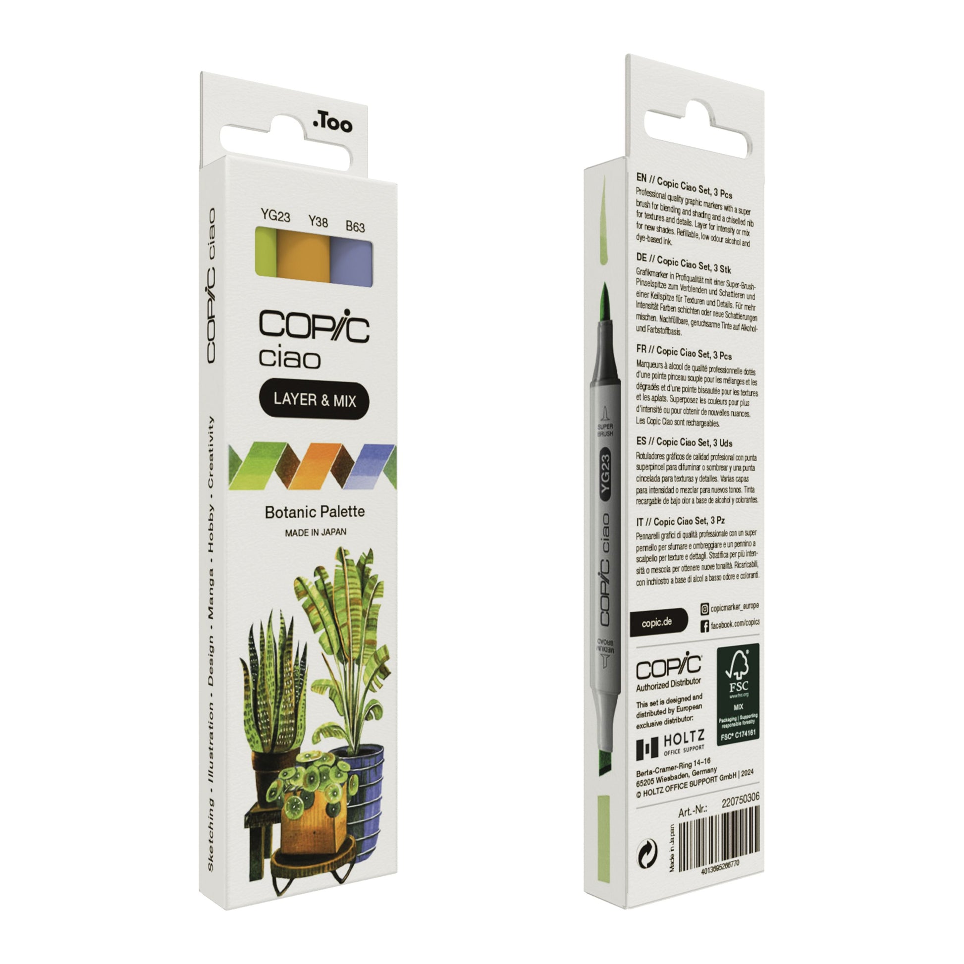 Copic Ciao Pinselstift, Doppelspitze, Botanic Palette – Pinselspitze + Keilspitze, alkoholbasiert, 3er Set